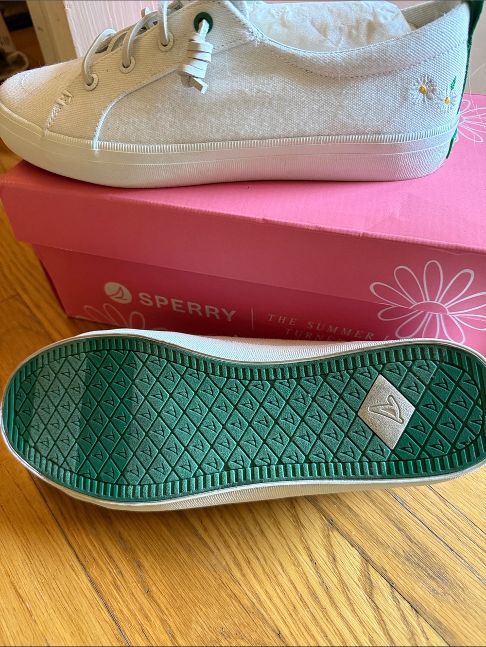 Sperry Off-White Canvas Lace-Up Sneakers with Green Accents - Picture 4 of 6